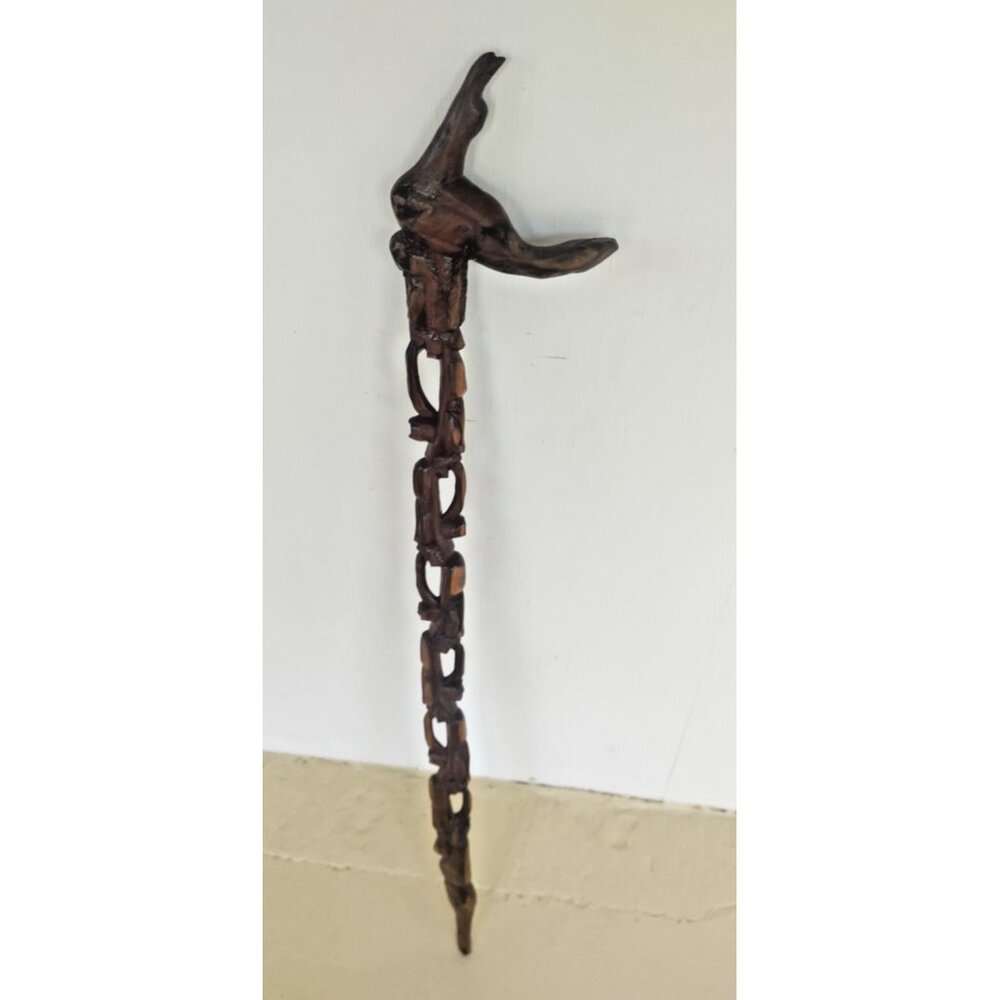 Hand-Carved Brown Wooden Walking Stick - Men Accessories